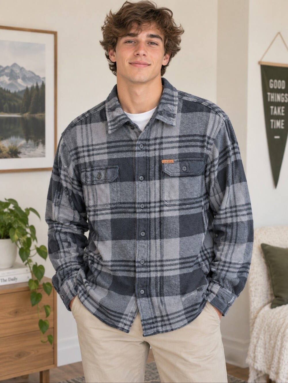 Orvis men’s plaid flannel shirt gray Checks size XL